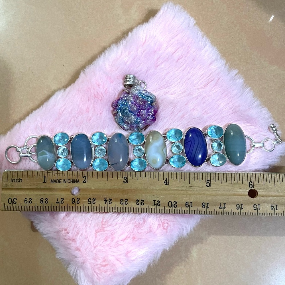 Botswana Agate Gem Blue Topaz Silver Bracelet Pendant Necklace - Picture 3 of 4
